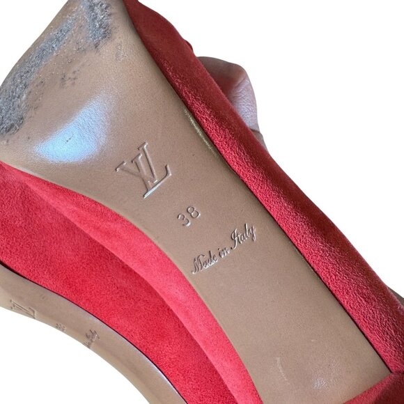 Louis Vuitton Red Suede Catania Peep Toe Platform Pumps Heels Size 38 - Picture 13 of 13